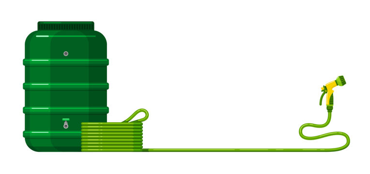 Hose with spray nozzle and green barrel for rain water storage in garden. Big plastic reservoir with taps and rubber pipe for irrigate plants, side view. Vector cartoon background, banner template