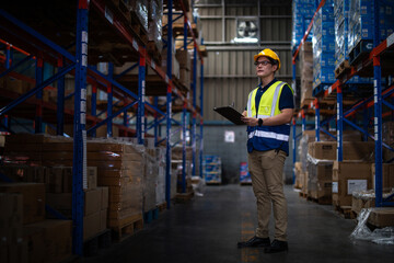 Asian male worker wearing Hard Hat with clipboard Checks Stock and Inventory in the Retail Warehouse.