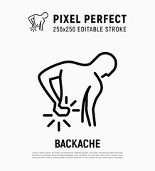 Backache thin line icon. Man touching his back. Osteoporosis, arthritis symptom.  Pixel perfect, editable stroke. Vector illustration.