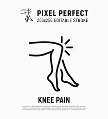 Knee pain, arthritis symptom thin line icon. Joint inflammation. Pixel perfect, editable stroke. Vector illustration.