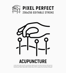 Acupuncture thin line icon. Hand with needle, alternative medicine. Pain relief, arthritis treatment. Pixel perfect, editable stroke. Vector illustration.