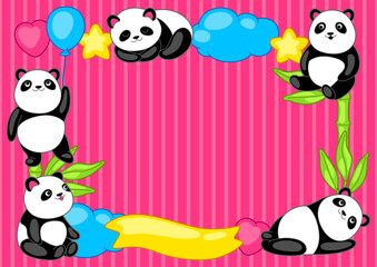Frame with cute kawaii little pandas. Funny characters and decorations in cartoon style.