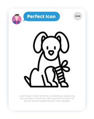 Dog in bandage with broken leg. Thin line icon. Veterinary clinic. Vector illustration.