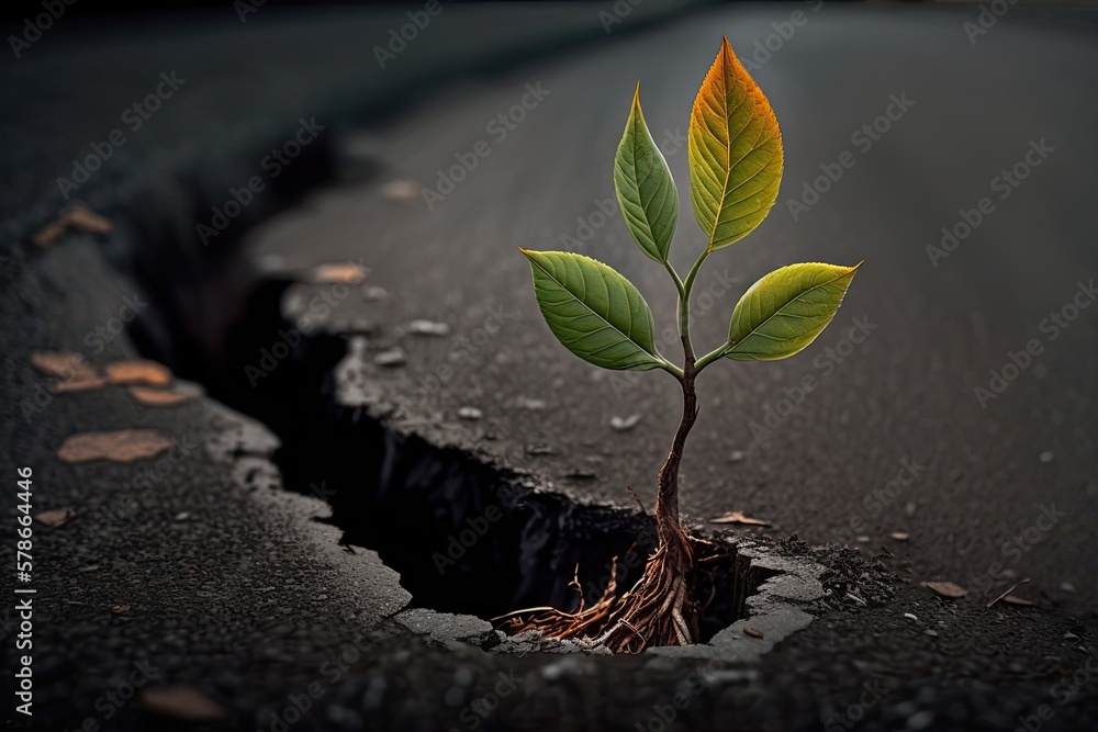 Poster in this macro image, a single tree seedling emerges from a fissure in the asphalt. an idea about the