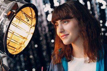 Young sporty woman 80 and 90's style. 90s fashion positive girl at disco party