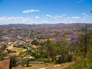 View from above of Antananarivo, blossoming trees in the foreground. Madagascar