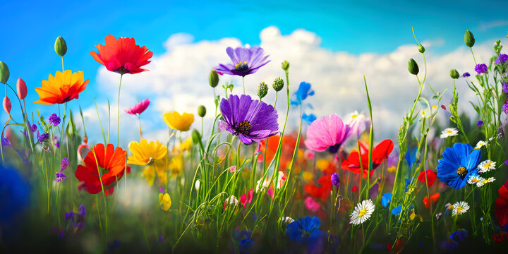 Colorful flower meadow in spring, ai generative