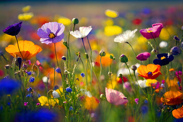 Colorful flower meadow in spring, ai generative