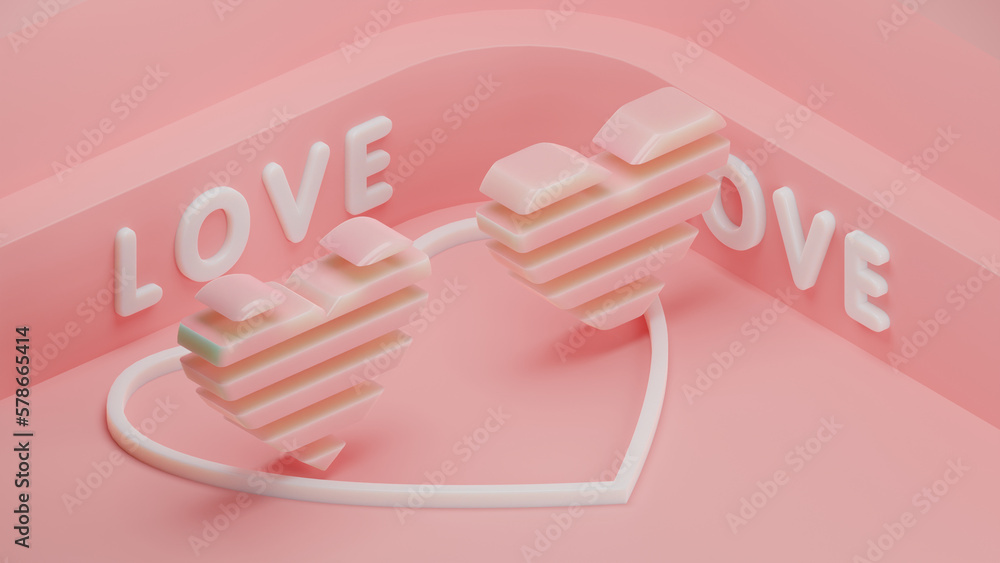 Poster 3d rendering of two identical pink hearts consisting of segments ready to complement each other when