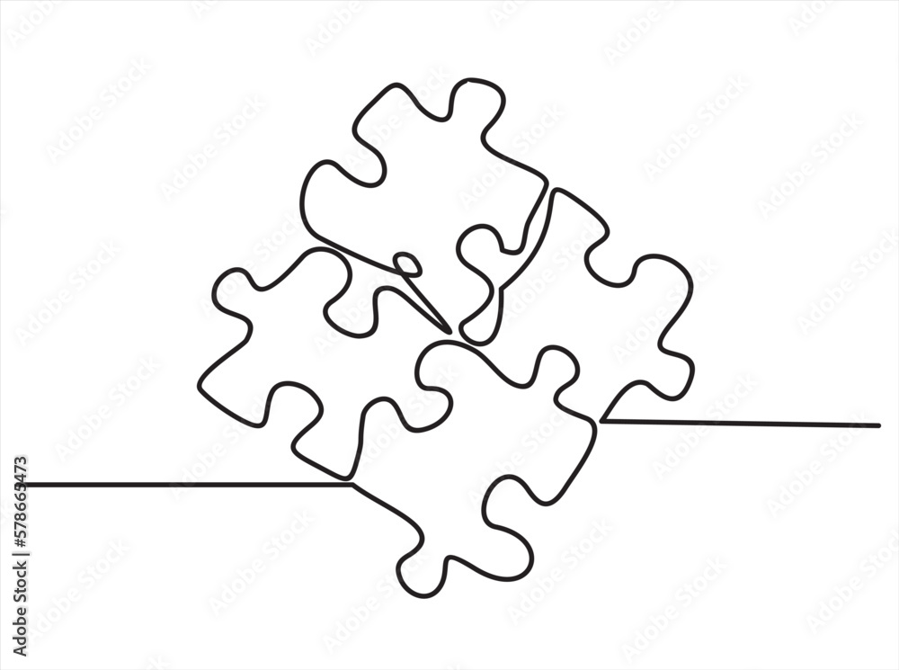 Poster continuous one line drawing of a groupe piece jigsaw on a white background. puzzle game symbol and i