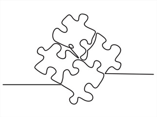Continuous one line drawing of a groupe piece jigsaw on a white background. Puzzle game symbol and iconic business metaphor for problem solving, solution and strategy.