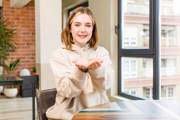 pretty caucasian woman smiling happily with friendly, confident, positive look, offering and showing an object or concept. home interior concept