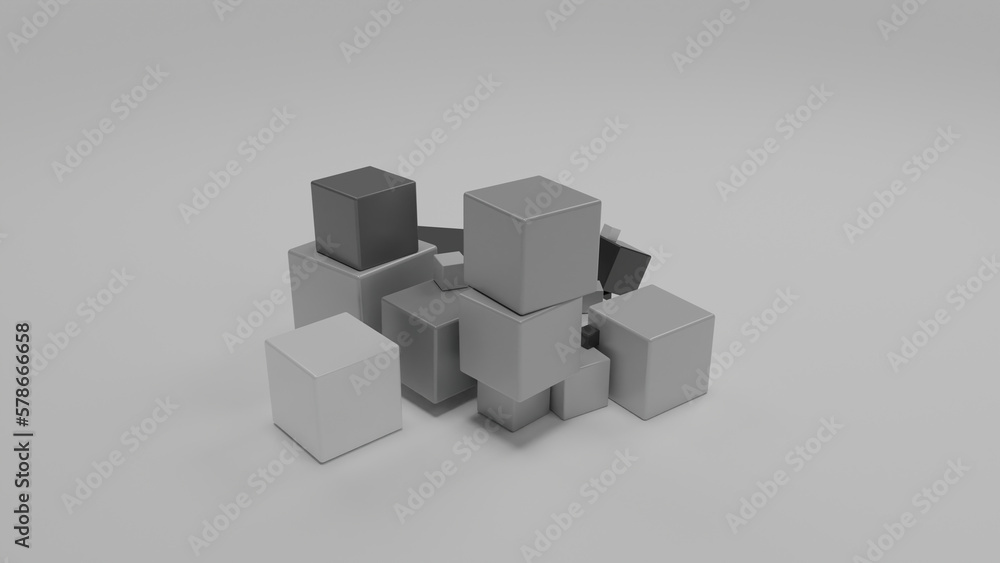 Poster 3d rendering of a set of monochrome cubes on a white surface. cubes in a color range from black to w