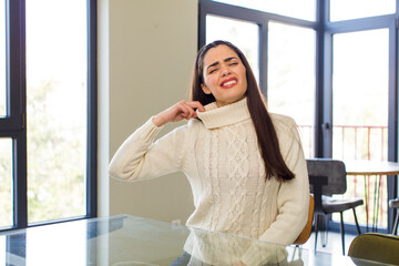 pretty caucasian woman feeling stressed, anxious, tired and frustrated, pulling shirt neck, looking frustrated with problem