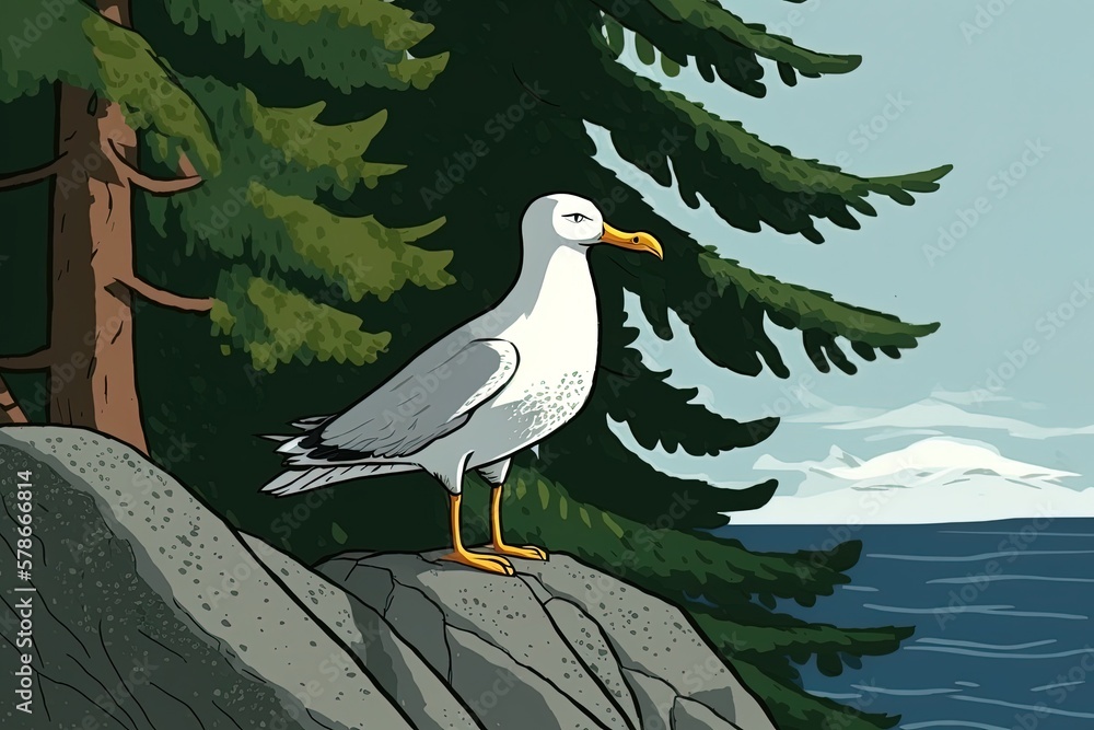 Poster a seagull is shown in a vertical close-up against a green tree-lined backdrop. generative ai
