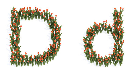 Concept or conceptual set of beautiful blooming tulip bouquets forming the font D. 3d illustration metaphor for education, design and decoration, romance and love, nature, spring or summer.