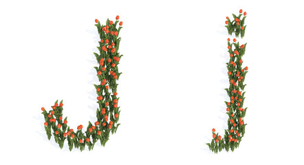 Concept or conceptual set of beautiful blooming tulip bouquets forming the font J. 3d illustration metaphor for education, design and decoration, romance and love, nature, spring or summer.