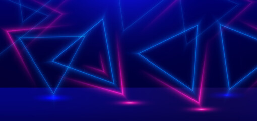 Abstract technology futuristic neon triangle frame glowing blue and pink light lines with speed motion blur effect on dark blue background.