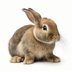 Obraz premium Cute little bunny, laying down. Looking curious towards camera. Isolated cutout on a transparent background rabbit mammal ruminant little brown big ears white background fluffy Generative AI 