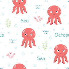 cartoon seamless pattern with octopus, vector illustration