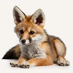 Fototapeta premium Cute little fox laying down. Looking curious towards camera. Isolated cutout on a transparent background trigger red mammal prick-ears little child portrait Generative AI 