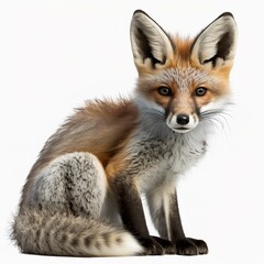 Fototapeta premium Cute little fox laying down. Looking curious towards camera. Isolated cutout on a transparent background trigger red mammal prick-ears little child portrait Generative AI 