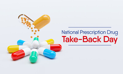 National Prescription drug take back day is observed every year in April, it is a safe, convenient, and responsible way to dispose of unused or expired prescription drugs. 3D Rendering  - obrazy, fototapety, plakaty