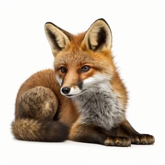 Obraz premium Cute little fox laying down. Looking curious towards camera. Isolated cutout on a transparent background trigger red mammal prick-ears little child portrait watching something Generative AI 