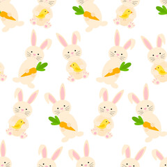 Seamless pattern Bunny with carrot Chicken vector illustration