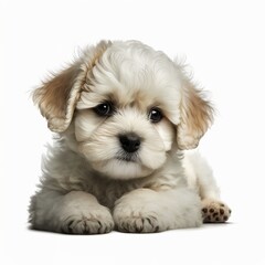 Obraz premium Cute little house bolognese puppy, laying down. Looking curious towards camera. Isolated cutout on a transparent background dog mammal pet white curly with drooping ears black nose Generative AI