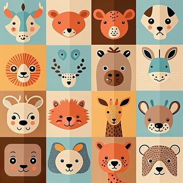Cute wild jungle animal faces in square blocks vector  Set includes a lion, zebra, bear, hippo, tiger, dear, squirrel, giraffe, fox, panda, penguin, red panda, raccoon, walrus, koala Generative AI 