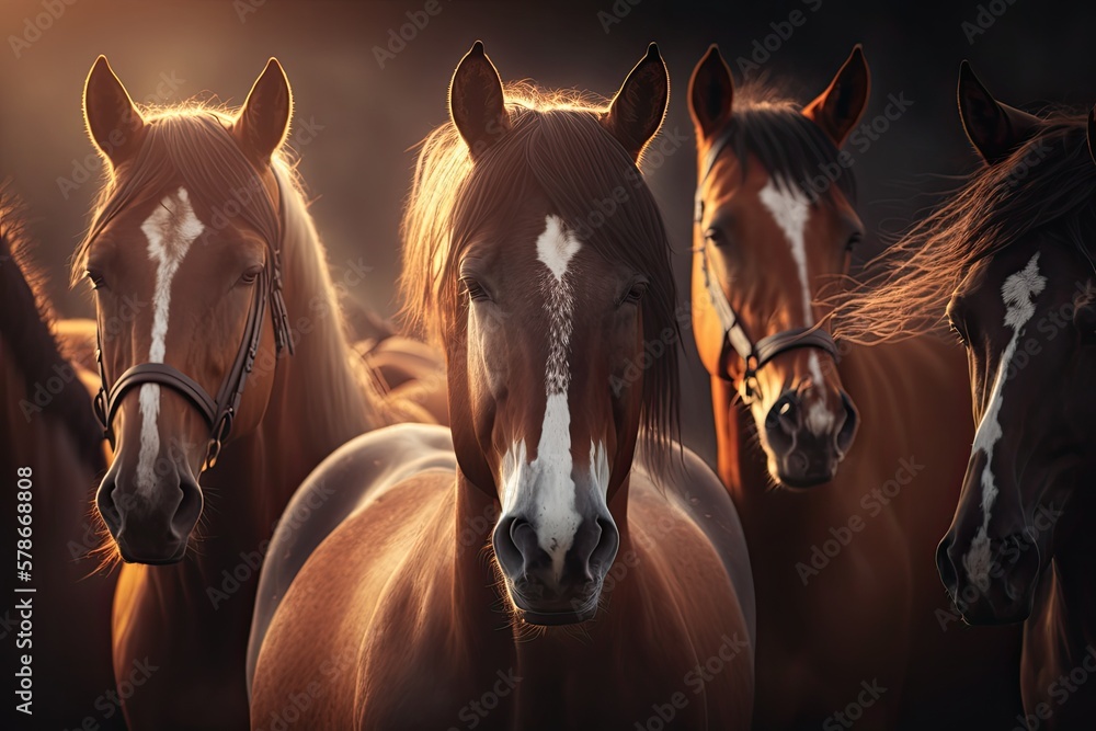 Sticker Sunset portrait of a herd of purebred horses. limited focus depth. Generative AI