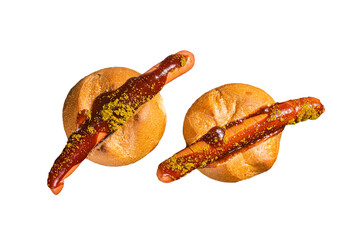 Deutsche Bockwurst sausage in a bun with French fries and curry sauce, currywurst.  Isolated, transparent background - obrazy, fototapety, plakaty