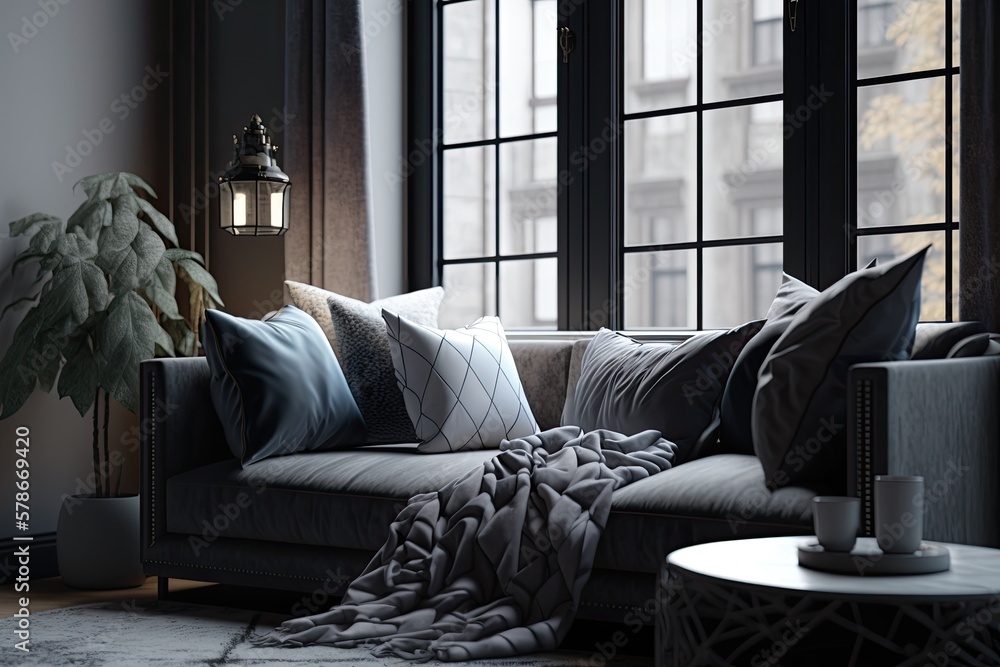 Poster on a grey, plush sofa in front of sweeping windows are three grey pillows and a grey blanket. theory