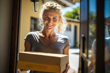 Smiling blonde Caucasian woman in her 30s and 40s looking at the camera receiving a package in a box on her doorstep during the day.