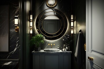 The apartment's bathroom is decked out in high end fixtures, including a circular mirror, metal lighting, a dark marble floor, and a stainless steel sink and faucet. Generative AI