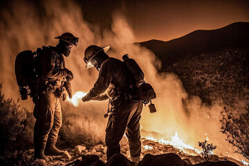 Obraz premium Firemen working hard to put out the bush fires, ai generative