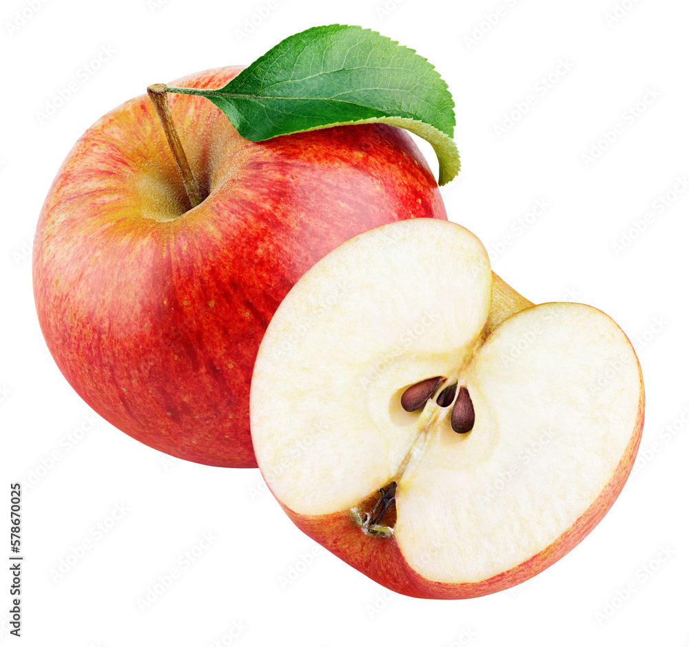 Sticker ripe red apple fruit with apple half and green leaf isolated on transparent background