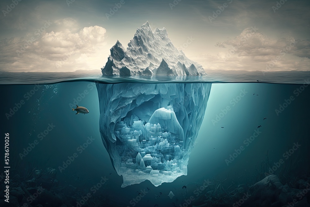Poster foreboding concept of global warming and hidden danger the iceberg. generative ai