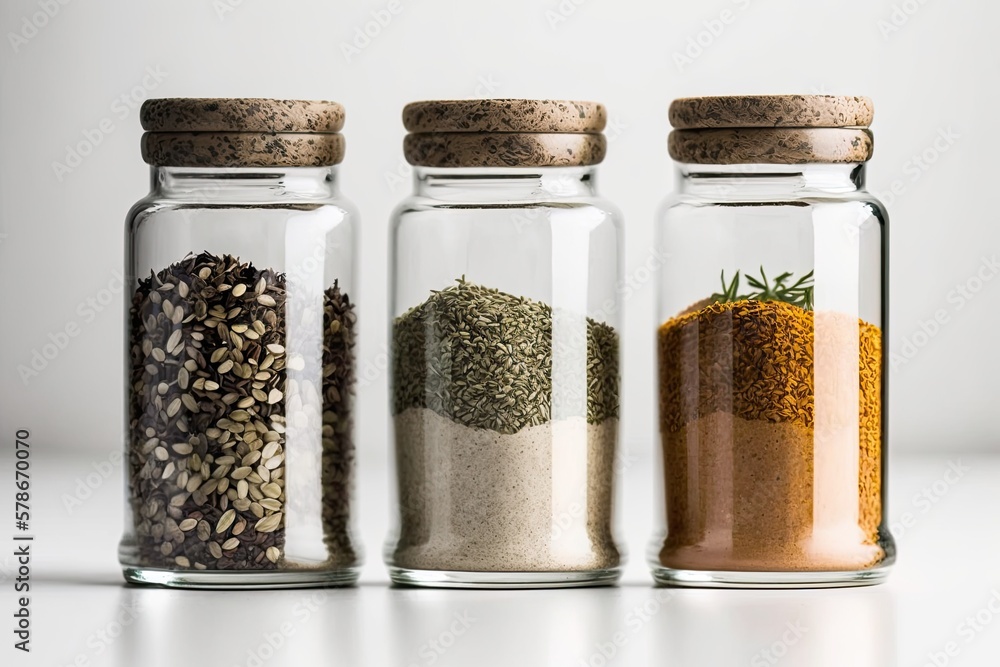 Canvas Prints flourishing glass jars of seasonings over a white backdrop. generative ai