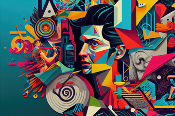 Obraz premium Generative AI vintage surrealistic illustration of several faces and many colours in one collage