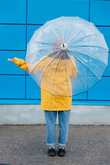 woman dressed in a yellow raincoat with a transparent umbrella rear view against a blue wall