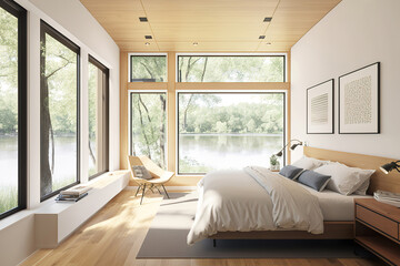 modern bright light luxury bedroom in the forest house overlooking to the beautiful lake, generative ai