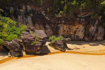 Bako national park, sea sandy beach, sunny day, blue sky and sea. Vacation, travel, tropics concept