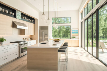 modern bright light luxury kitchen in the forest house overlooking to the beautiful lake, generative ai