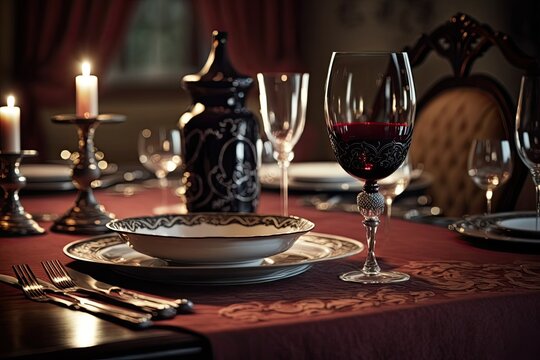 Red wine at a formal dinner; table setting; horizontal side view. Generative AI