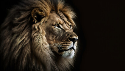 Fototapeta na wymiar portrait of a lion isolated on dark background, generative ai