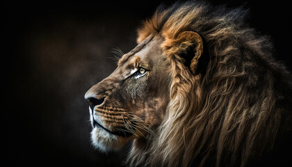 portrait of a lion isolated on dark background, generative ai