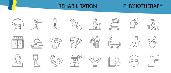 Physiotherapy, rehabilitation, prosthetics line icons set. editable stroke Vector illustration