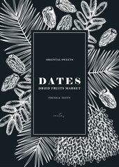 Naklejka premium Hand drawn vegan food wreath design with date palm leaves and dried fruits illustrations in engraved style. Dried dates sketch banner template on chalkboard